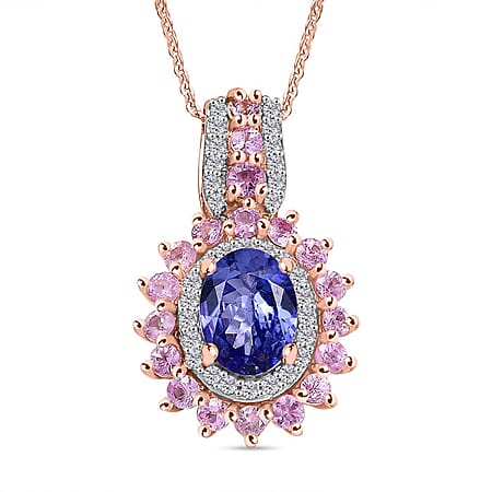 Tanzanite, Pink Sapphire & White Zircon Pendant with Chain (Size 20) in 18K Vermeil Rose Gold Plated Sterling Silver 2.56 Ct.