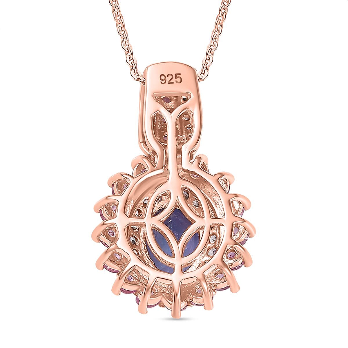 Tanzanite, Pink Sapphire & White Zircon Pendant with Chain (Size 20) in 18K Vermeil Rose Gold Plated Sterling Silver 2.56 Ct. Tanzanite, Pink Sapphire & White Zircon Pendant with Chain (Size 20) in 18K Vermeil Rose Gold Plated Sterling Silver 2.56 Ct.