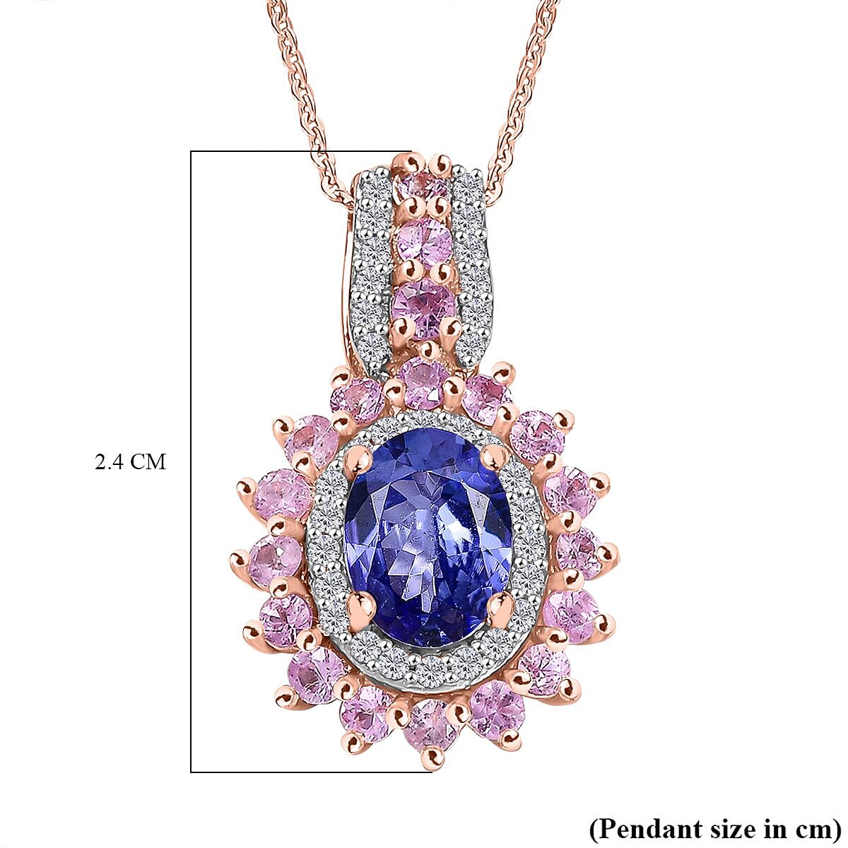 Tanzanite, Pink Sapphire & White Zircon Pendant with Chain (Size 20) in 18K Vermeil Rose Gold Plated Sterling Silver 2.56 Ct. Tanzanite, Pink Sapphire & White Zircon Pendant with Chain (Size 20) in 18K Vermeil Rose Gold Plated Sterling Silver 2.56 Ct.