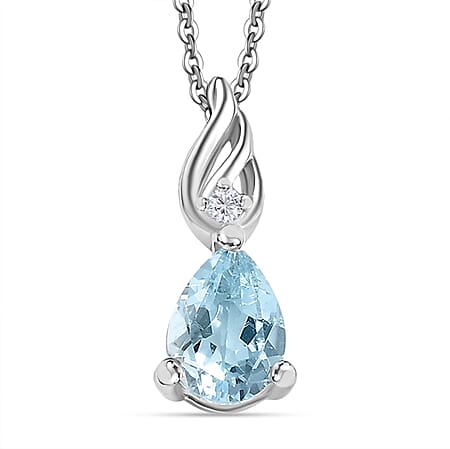 Aquamarine & White Zircon Pendant with Chain (Size 20) in Rhodium Overlay Sterling Silver 0.60 Ct.