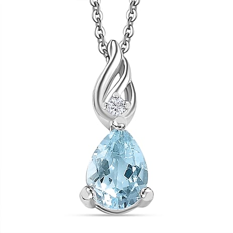 Aquamarine,  White Zircon Pendant with Chain (Size 20) in Rhodium Overlay Sterling Silver 0.60 ct  0.620  Ct.
