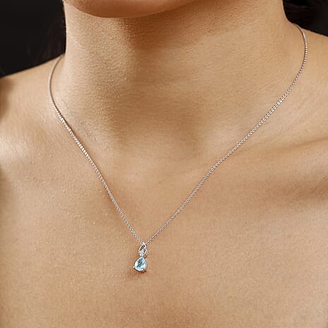 Aquamarine,  White Zircon Pendant with Chain (Size 20) in Rhodium Overlay Sterling Silver 0.60 ct  0.620  Ct.
