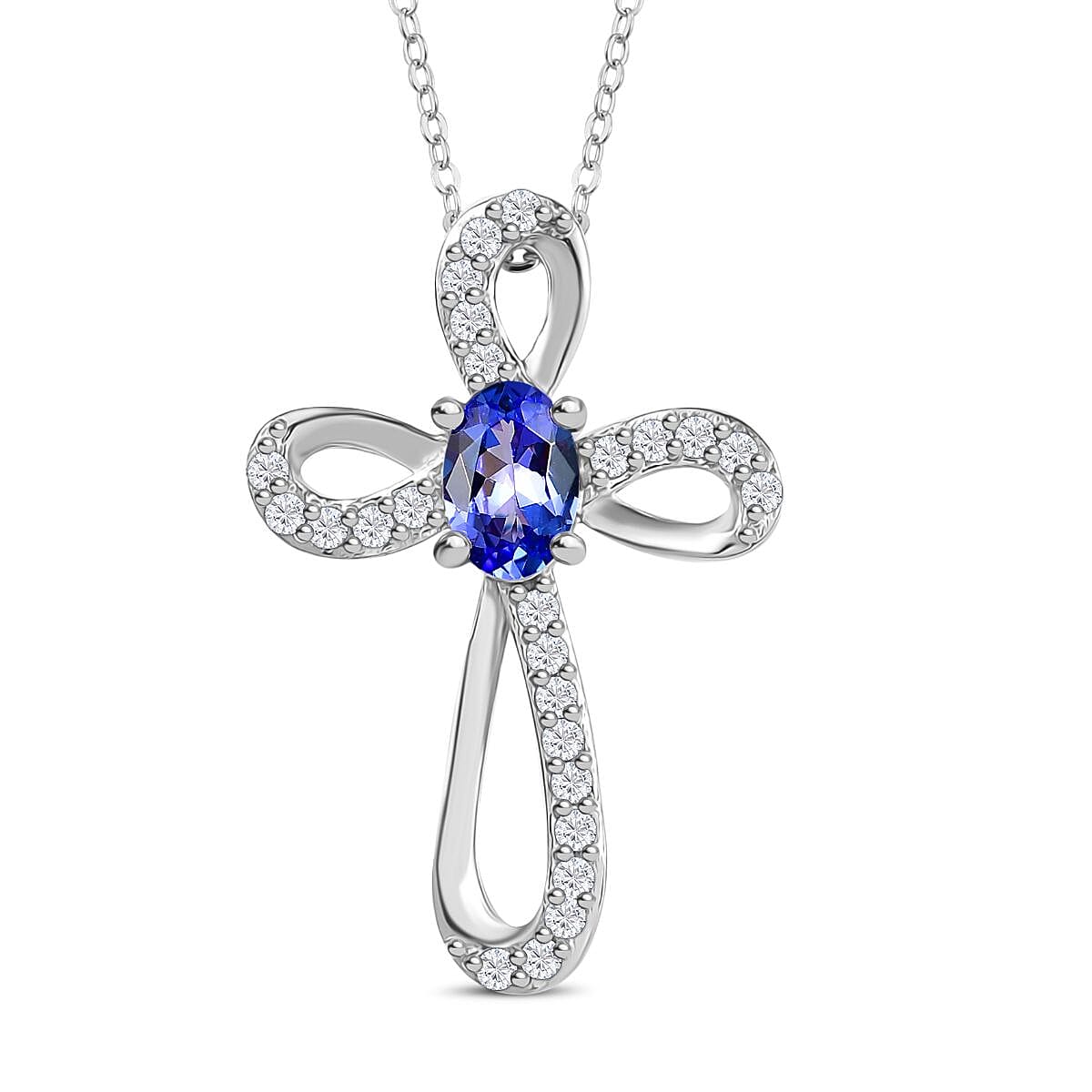 Tanzanite & White Zircon Pendant with Chain (Size 20) in Rhodium Overlay Sterling Silver 0.77 Ct.