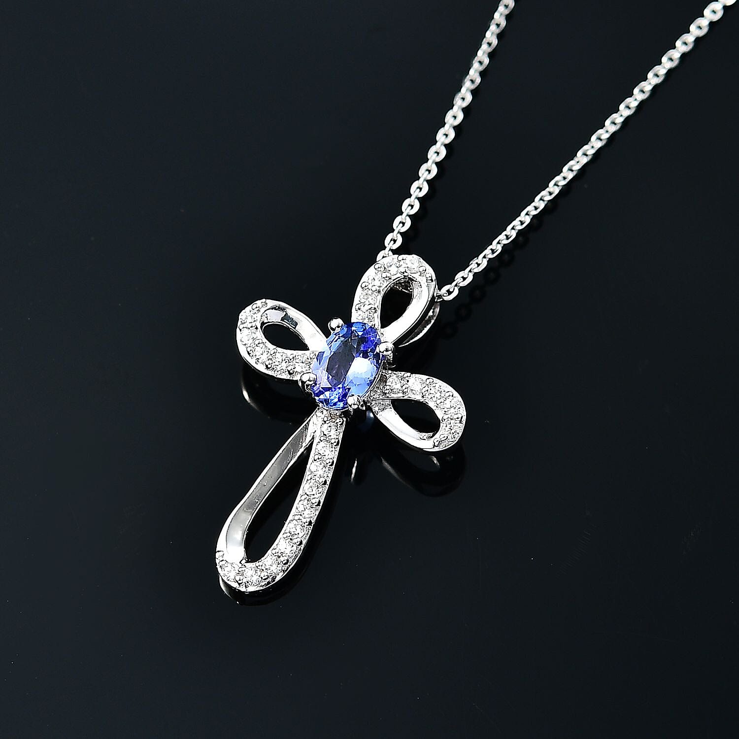 Tanzanite & White Zircon Pendant with Chain (Size 20) in Rhodium Overlay Sterling Silver 0.77 Ct.