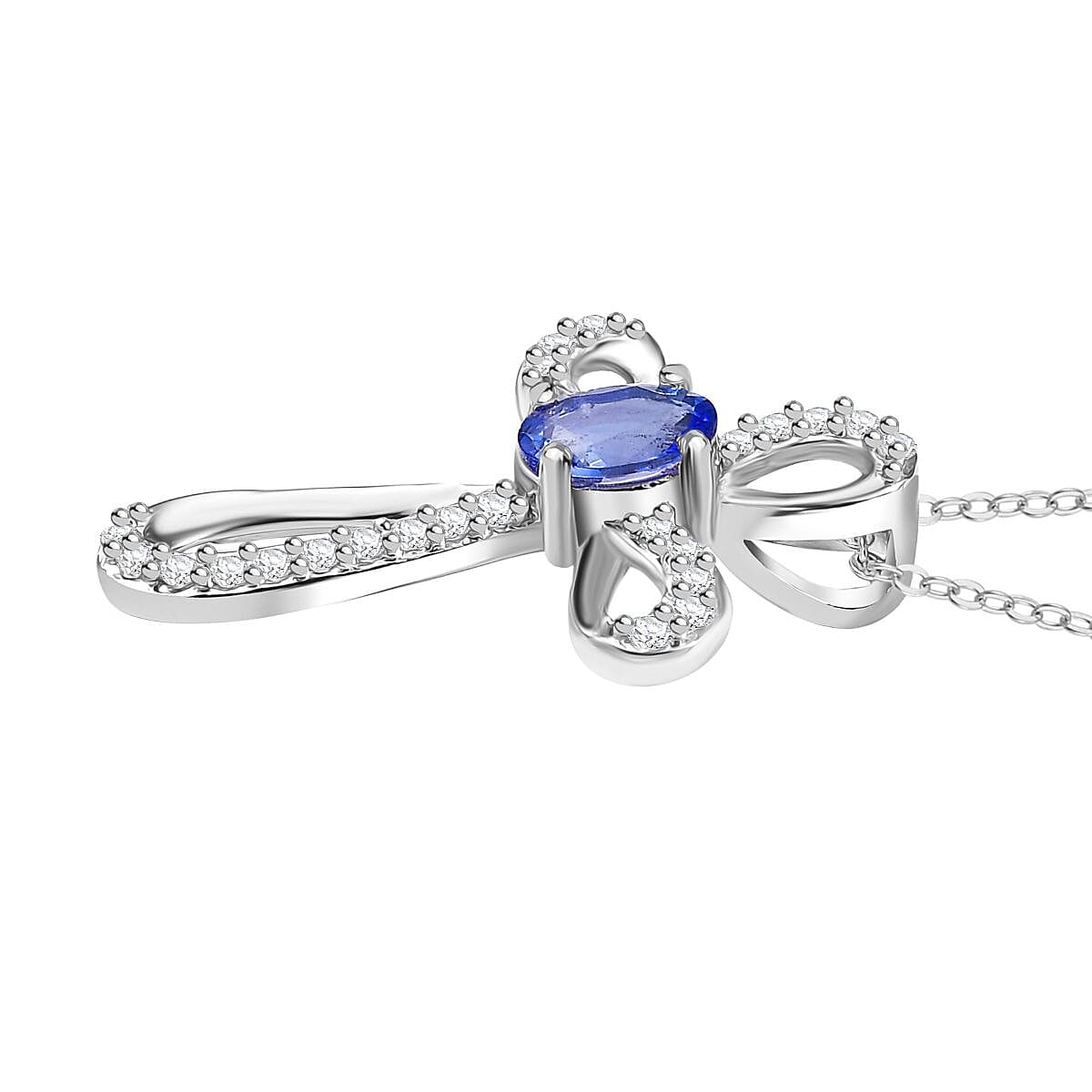 Tanzanite & White Zircon Pendant with Chain (Size 20) in Rhodium Overlay Sterling Silver 0.77 Ct.
