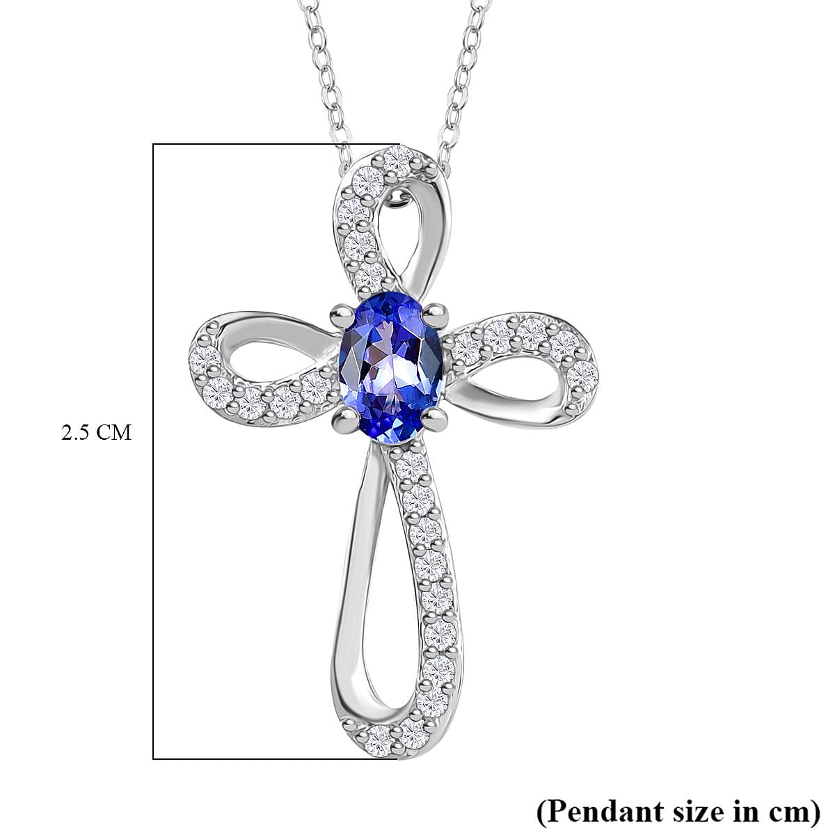 Tanzanite & White Zircon Pendant with Chain (Size 20) in Rhodium Overlay Sterling Silver 0.77 Ct.
