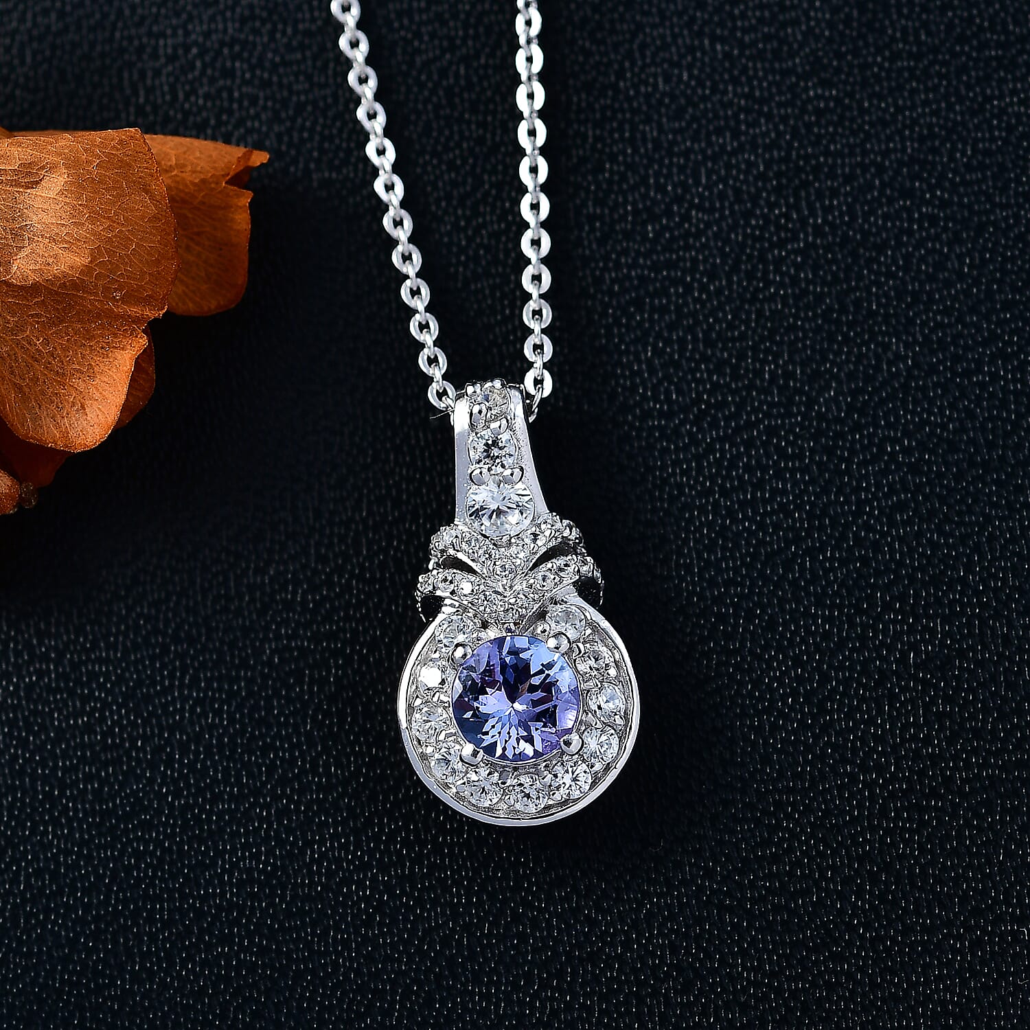 Tanzanite & White Zircon Pendant with Chain (Size 20) in Rhodium Overlay Sterling Silver 0.98 Ct.
