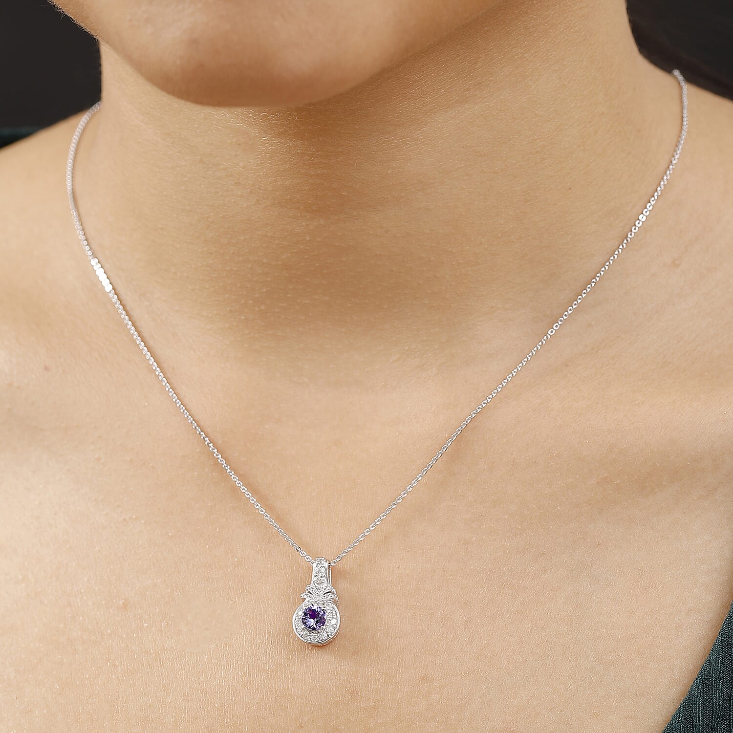 Tanzanite & White Zircon Pendant with Chain (Size 20) in Rhodium Overlay Sterling Silver 0.98 Ct.