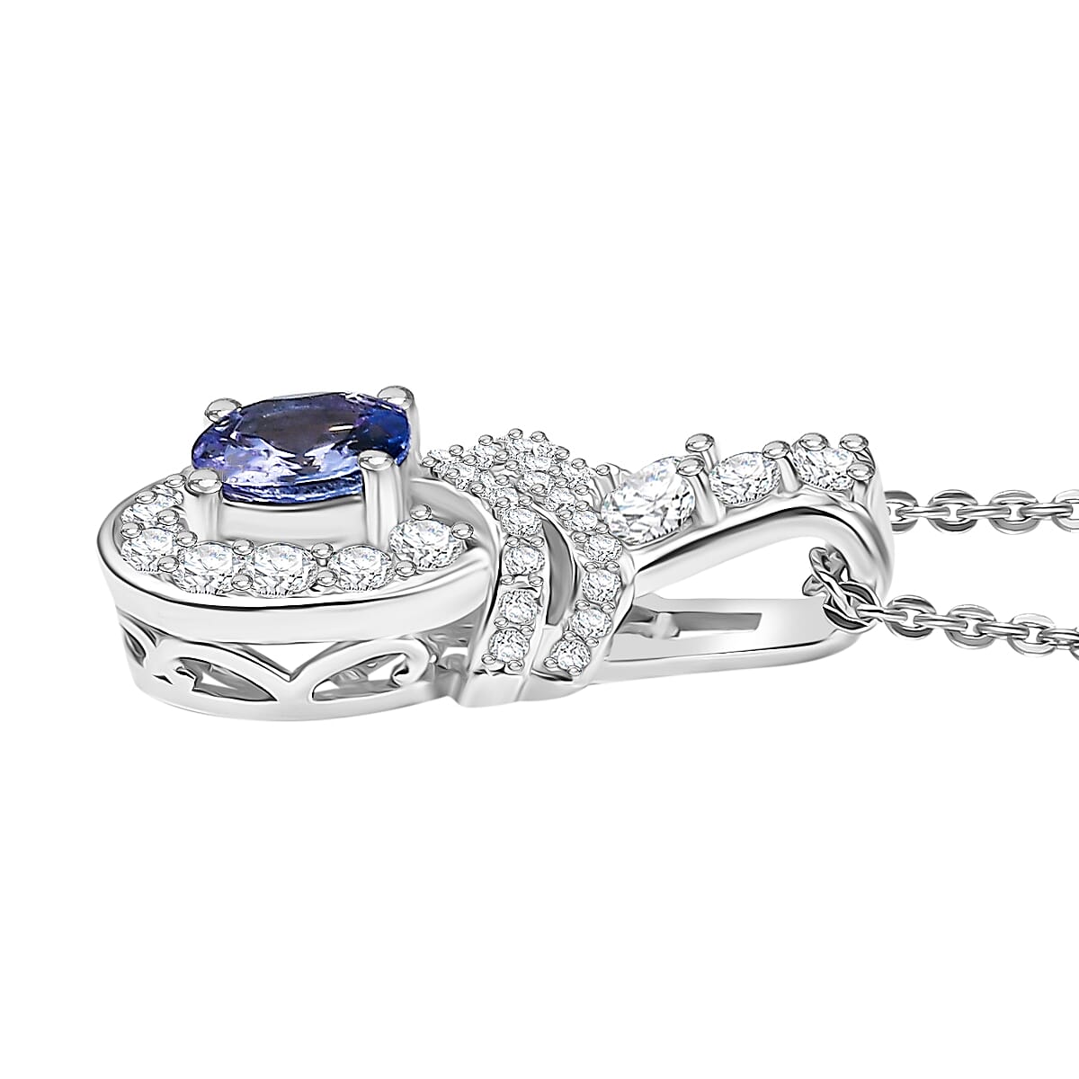 Tanzanite & White Zircon Pendant with Chain (Size 20) in Rhodium Overlay Sterling Silver 0.98 Ct.