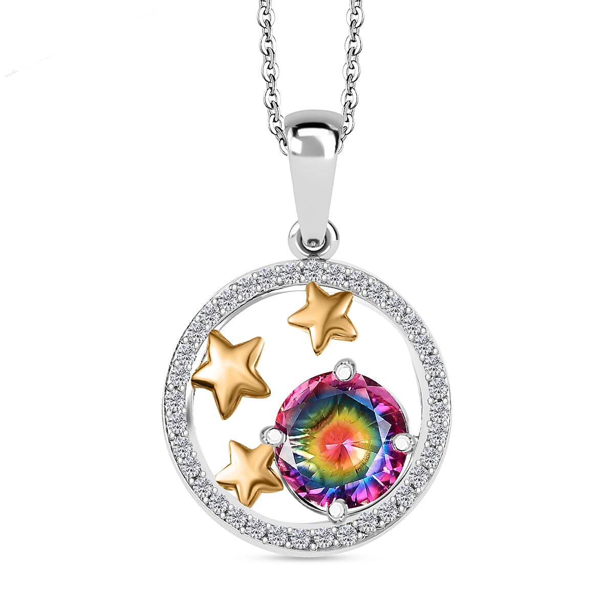 Nebula Quartz & White Zircon Sunburst Star Pendant with Chain (Size 20) in 18K Vermeil Yellow Gold Plated & Rhodium Overlay Sterling Silver 2.29 Ct.