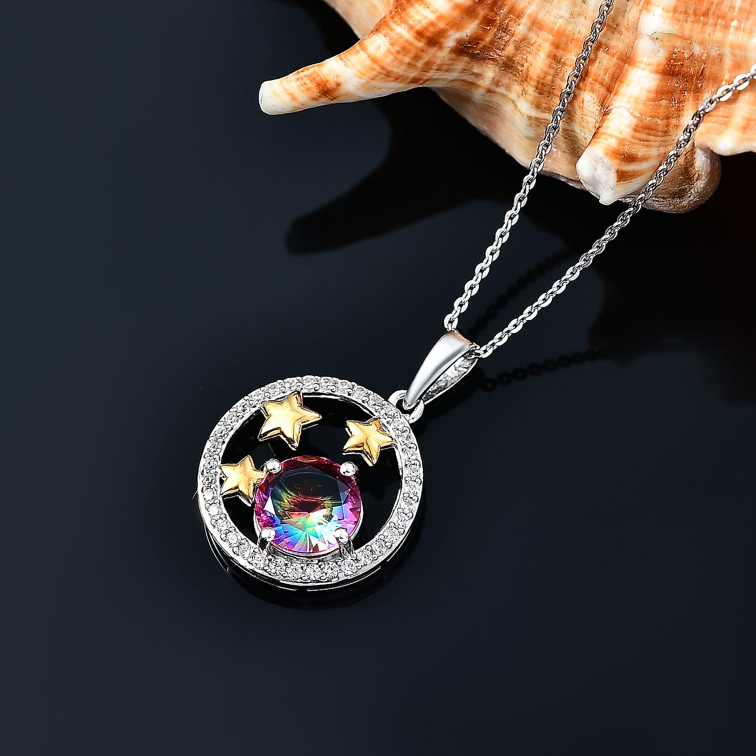 Nebula Quartz & White Zircon Sunburst Star Pendant with Chain (Size 20) in 18K Vermeil Yellow Gold Plated & Rhodium Overlay Sterling Silver 2.29 Ct.