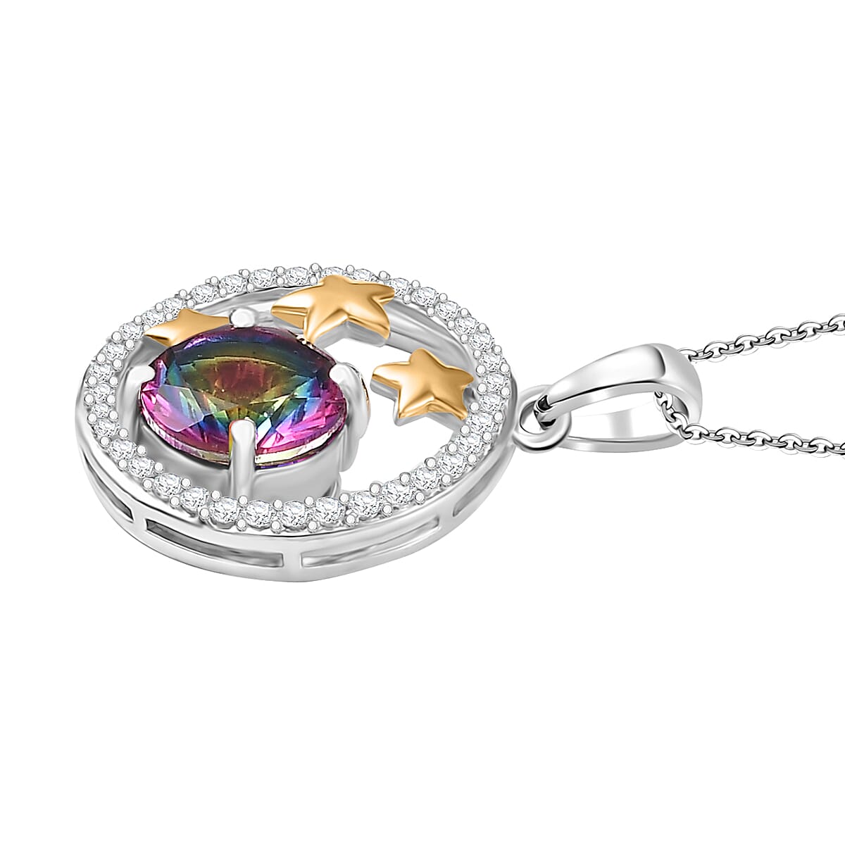 Nebula Quartz & White Zircon Sunburst Star Pendant with Chain (Size 20) in 18K Vermeil Yellow Gold Plated & Rhodium Overlay Sterling Silver 2.29 Ct.