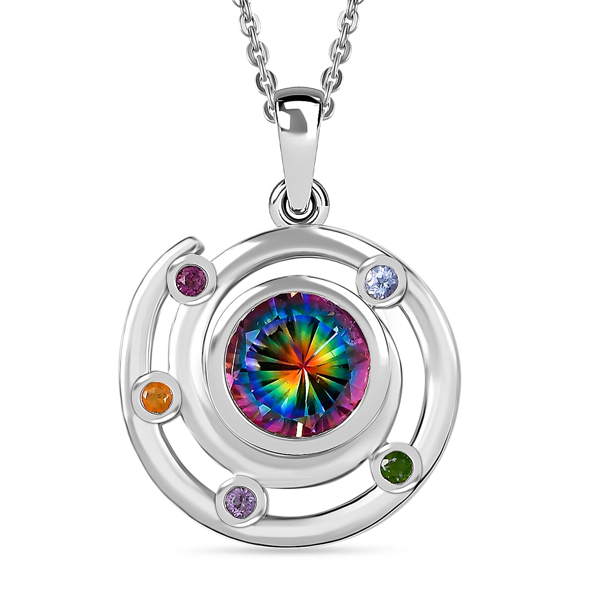Sun Lagecy Swirl Nebula Quartz & Multi Gemstones Pendant with Chain (Size 20) in Rhodium Overlay Sterling Silver 2.31 Ct.