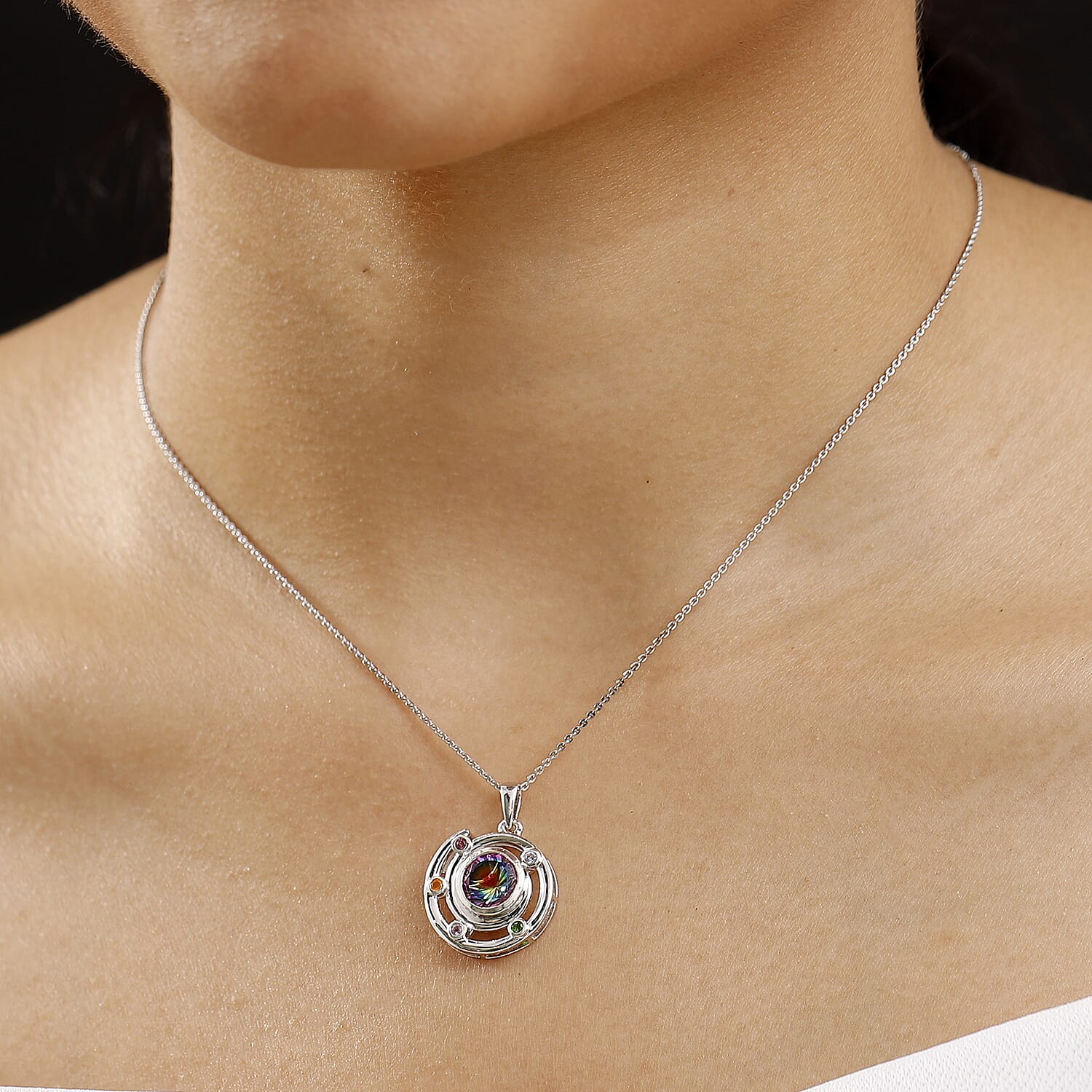 Sun Lagecy Swirl Nebula Quartz & Multi Gemstones Pendant with Chain (Size 20) in Rhodium Overlay Sterling Silver 2.31 Ct.