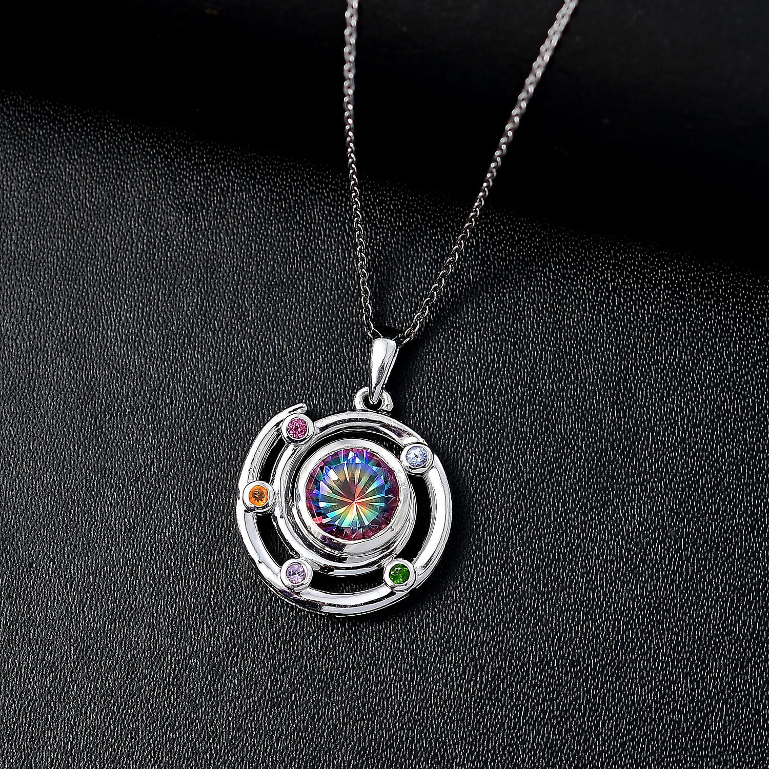 Sun Lagecy Swirl Nebula Quartz & Multi Gemstones Pendant with Chain (Size 20) in Rhodium Overlay Sterling Silver 2.31 Ct.