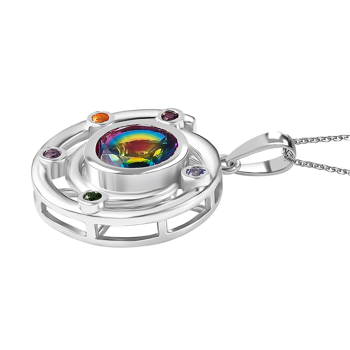 Sun Lagecy Swirl Nebula Quartz & Multi Gemstones Pendant with Chain (Size 20) in Rhodium Overlay Sterling Silver 2.31 Ct.