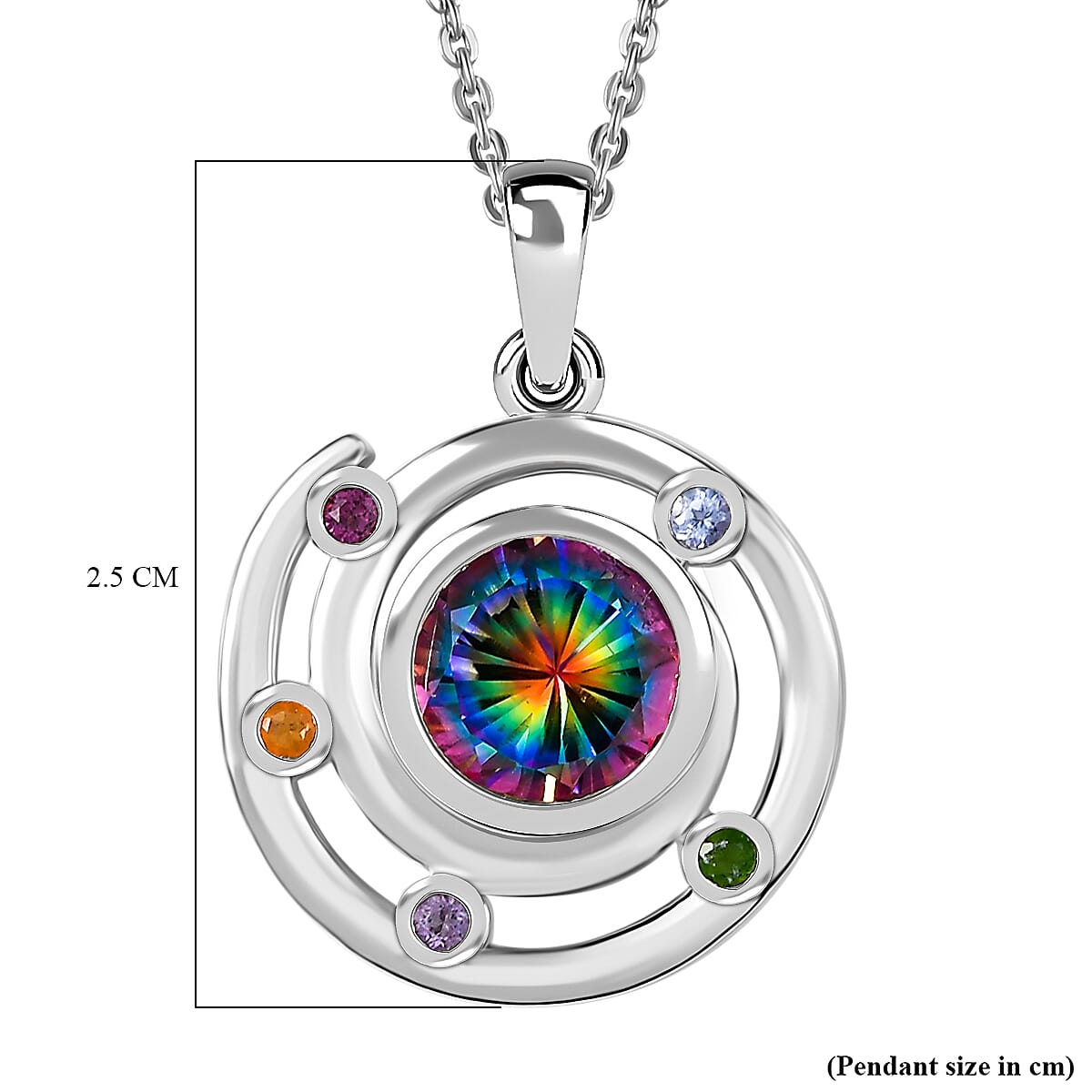 Sun Lagecy Swirl Nebula Quartz & Multi Gemstones Pendant with Chain (Size 20) in Rhodium Overlay Sterling Silver 2.31 Ct.