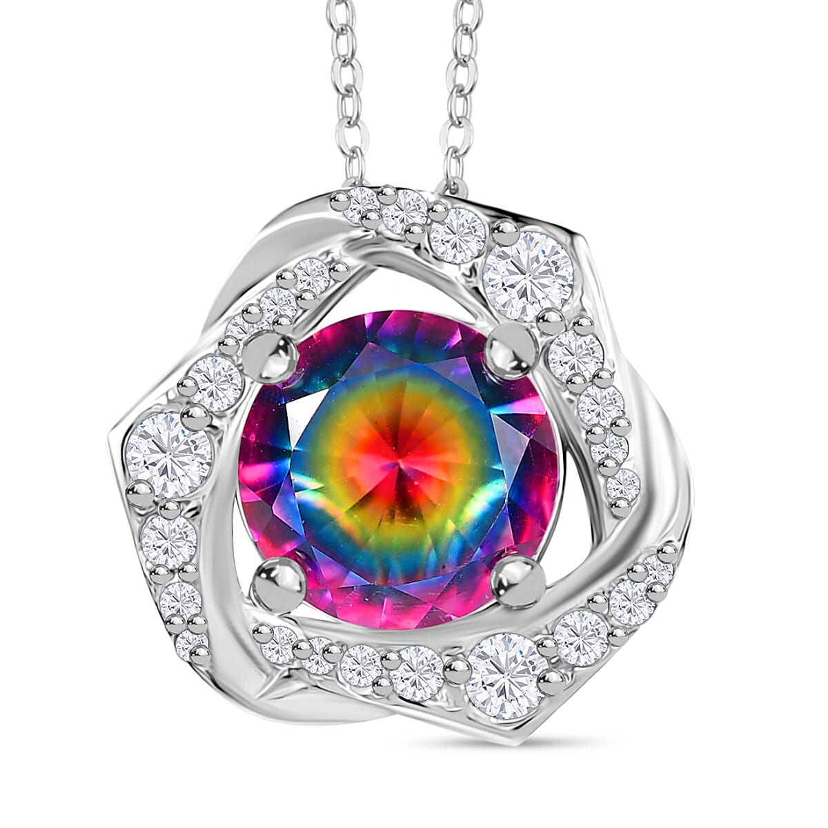 Galaxy Glow Nebula Quartz & White Zircon Pendant with Chain (Size 20) in Rhodium Overlay Sterling Silver 2.39 Ct.