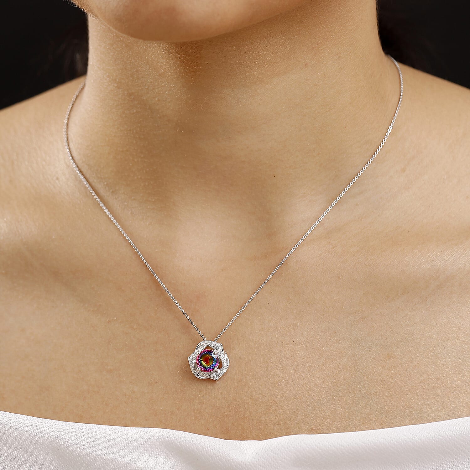 Galaxy Glow Nebula Quartz & White Zircon Pendant with Chain (Size 20) in Rhodium Overlay Sterling Silver 2.39 Ct.