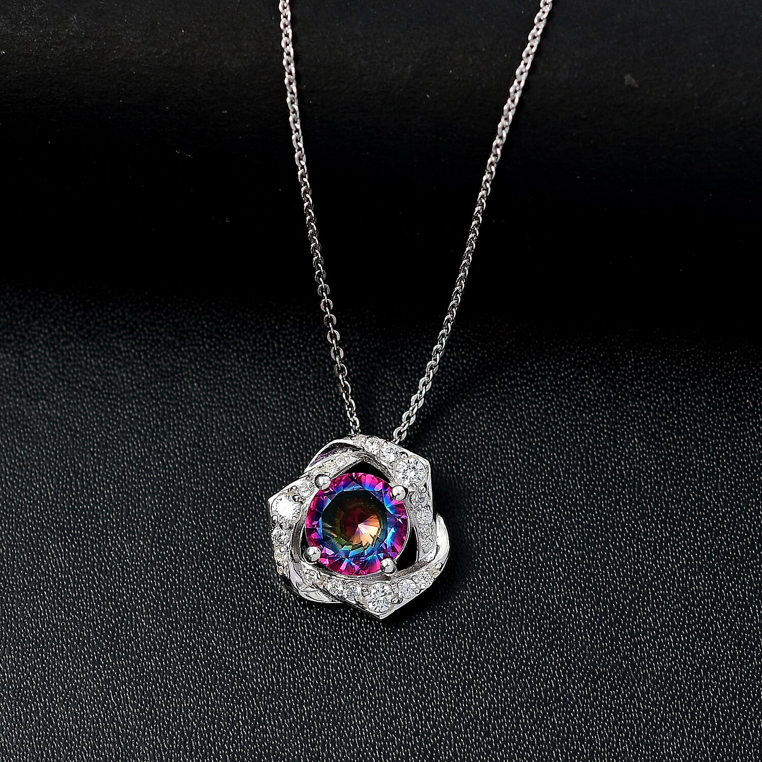 Galaxy Glow Nebula Quartz & White Zircon Pendant with Chain (Size 20) in Rhodium Overlay Sterling Silver 2.39 Ct.