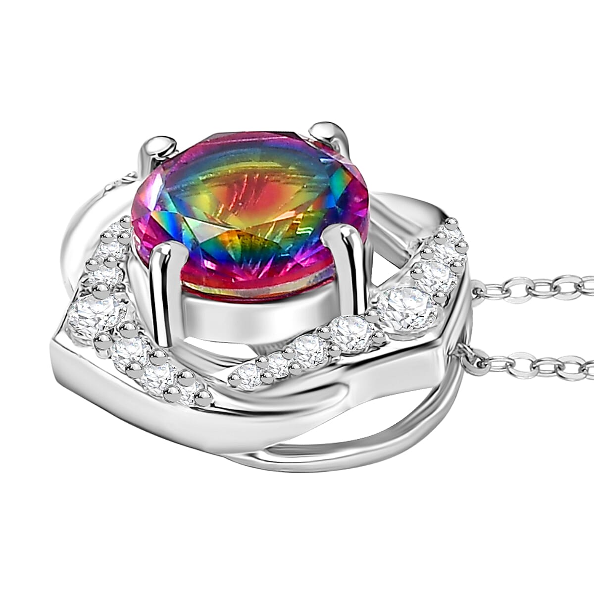 Galaxy Glow Nebula Quartz & White Zircon Pendant with Chain (Size 20) in Rhodium Overlay Sterling Silver 2.39 Ct.