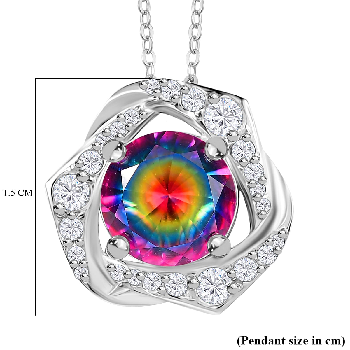 Galaxy Glow Nebula Quartz & White Zircon Pendant with Chain (Size 20) in Rhodium Overlay Sterling Silver 2.39 Ct.