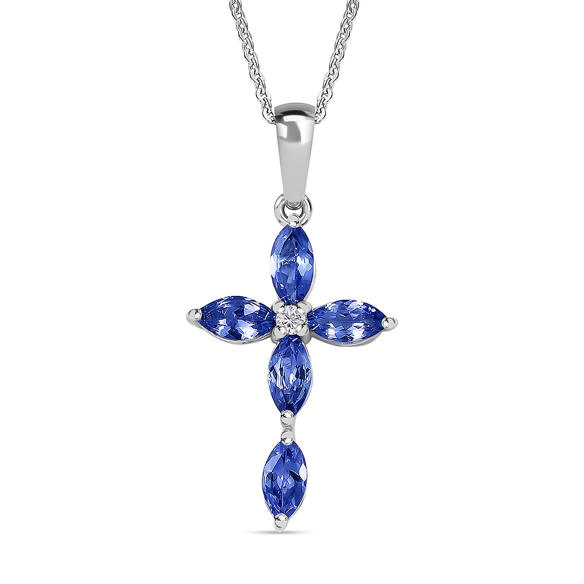Tanzanite & White Zircon Cross Pendant with Chain (Size 20) in Rhodium Overlay Sterling Silver 2.02 Ct.