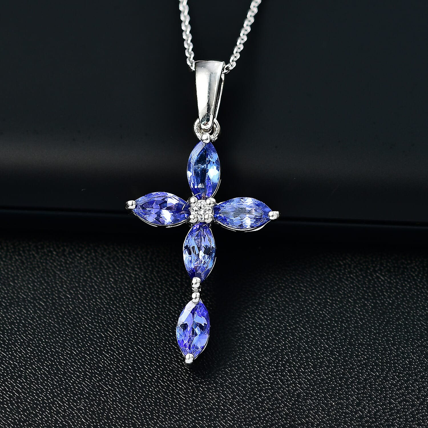 Tanzanite & White Zircon Cross Pendant with Chain (Size 20) in Rhodium Overlay Sterling Silver 2.02 Ct.
