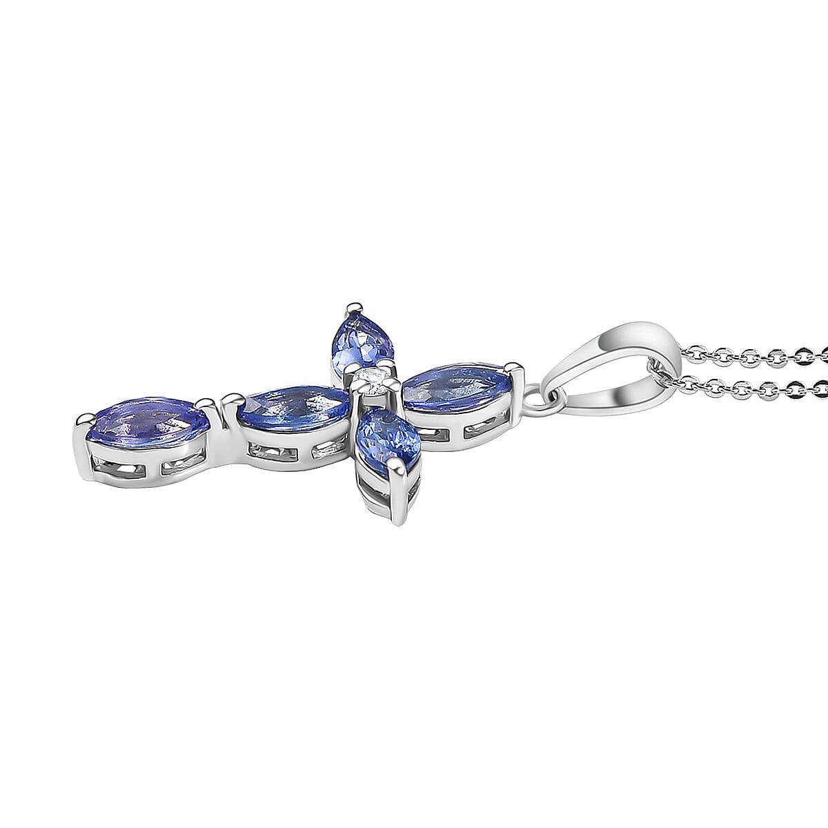 Tanzanite & White Zircon Cross Pendant with Chain (Size 20) in Rhodium Overlay Sterling Silver 2.02 Ct.
