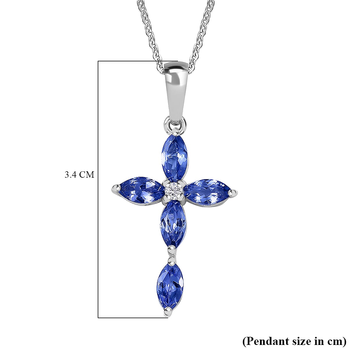 Tanzanite & White Zircon Cross Pendant with Chain (Size 20) in Rhodium Overlay Sterling Silver 2.02 Ct.