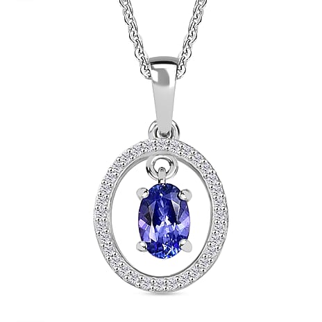 Tanzanite & White Zircon Pendant with Chain (Size 20) in Rhodium Overlay Sterling Silver 0.71 Ct.