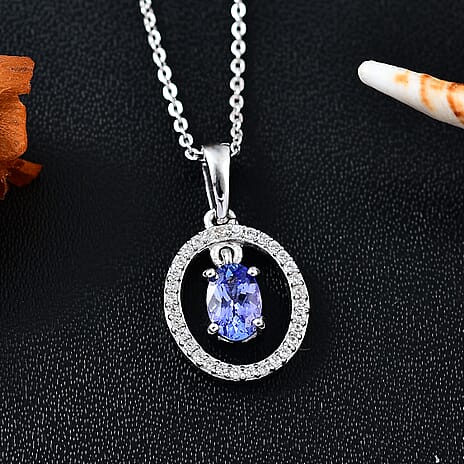 Tanzanite & White Zircon Pendant with Chain (Size 20) in Rhodium Overlay Sterling Silver 0.71 Ct.
