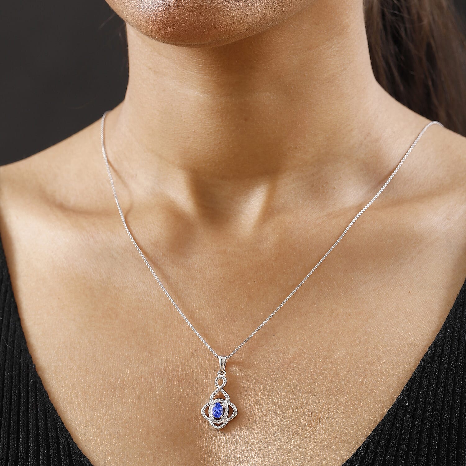 Tanzanite & White Zircon Pendant with Chain (Size 20) in Rhodium Overlay Sterling Silver 0.64 Ct.