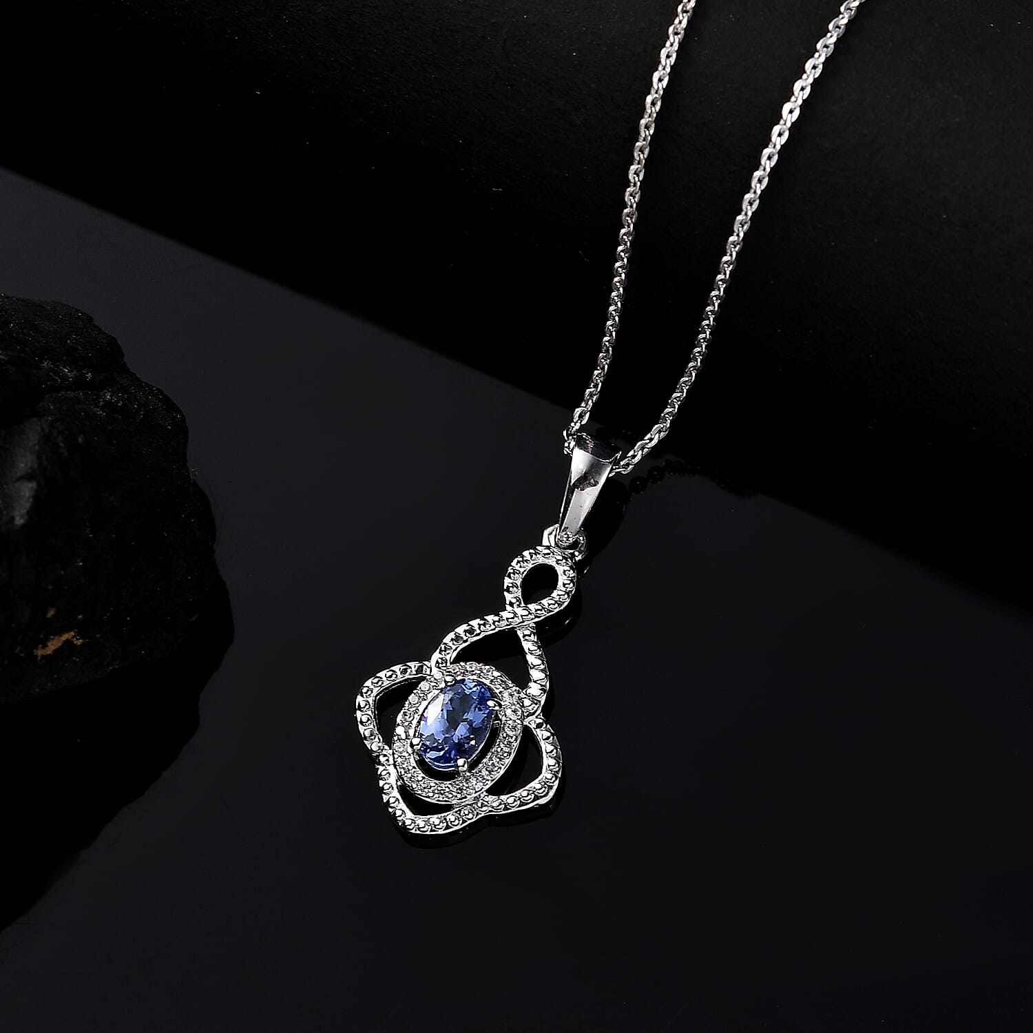 Tanzanite & White Zircon Pendant with Chain (Size 20) in Rhodium Overlay Sterling Silver 0.64 Ct.