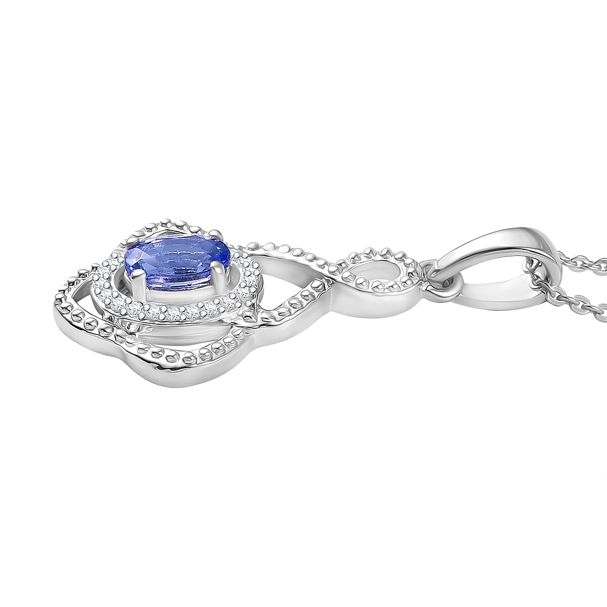 Tanzanite & White Zircon Pendant with Chain (Size 20) in Rhodium Overlay Sterling Silver 0.64 Ct.