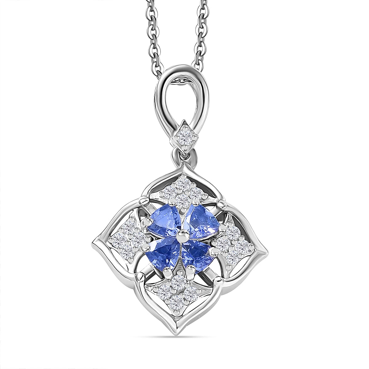 Tanzanite & White Zircon Pendant with Chain (Size 20) in Rhodium Overlay Sterling Silver
