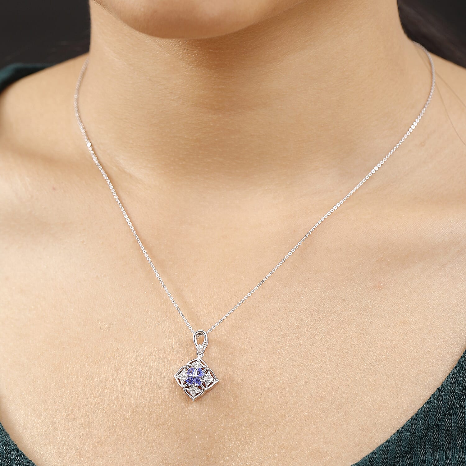 Tanzanite & White Zircon Pendant with Chain (Size 20) in Rhodium Overlay Sterling Silver