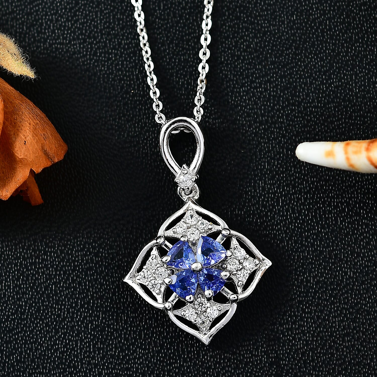 Tanzanite & White Zircon Pendant with Chain (Size 20) in Rhodium Overlay Sterling Silver