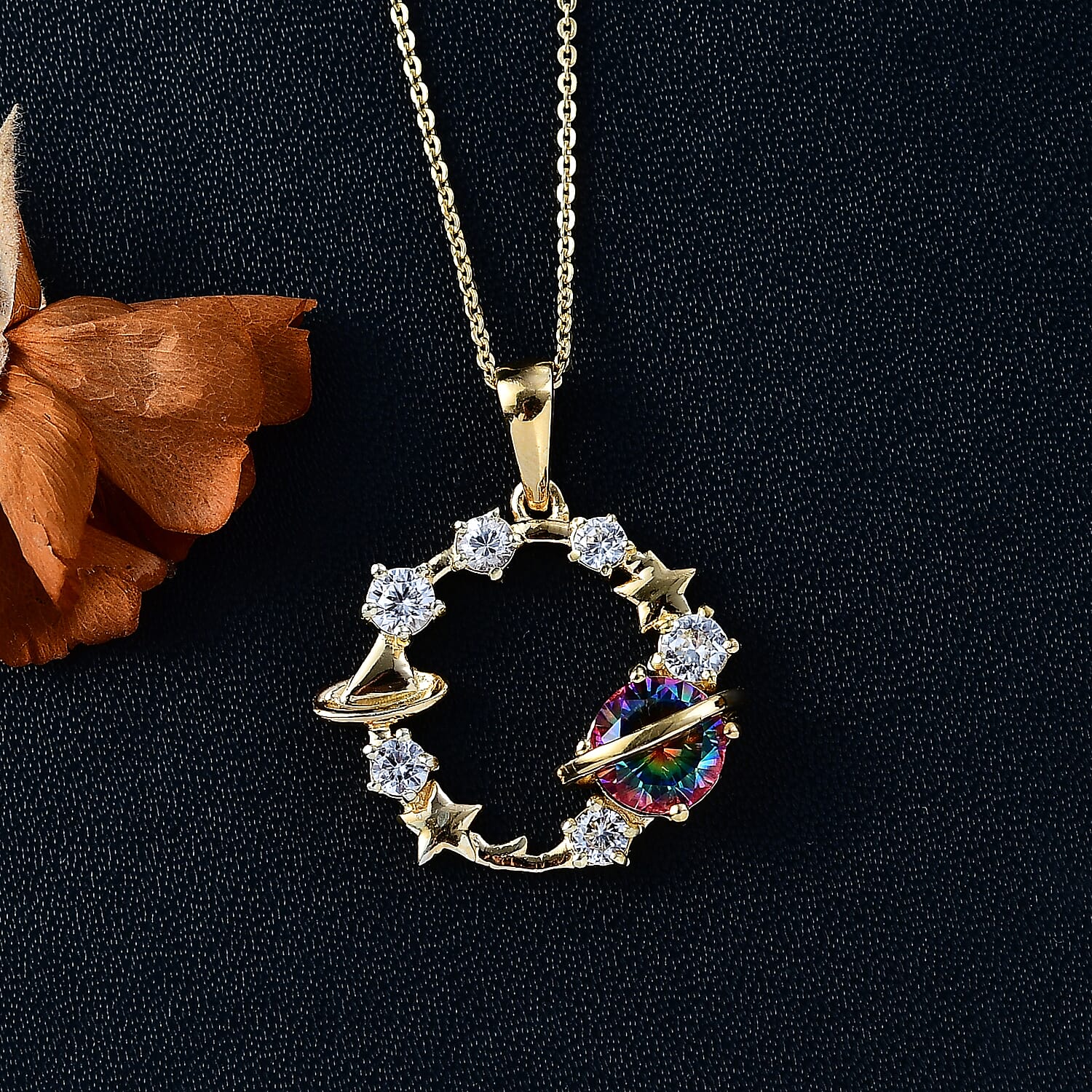 Nebula Quartz & White Zircon Celestial Galaxy Pendant with Chain (Size 20) in 18K Vermeil Yellow Gold Plated Sterling Silver 2.52 Ct.