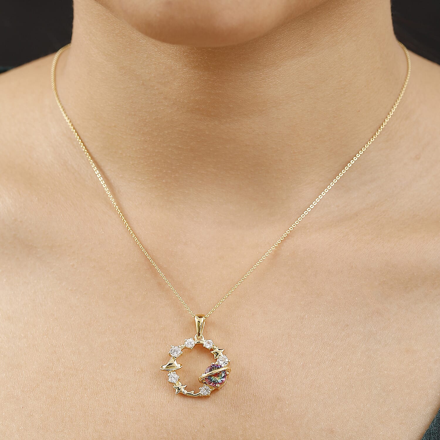 Nebula Quartz & White Zircon Celestial Galaxy Pendant with Chain (Size 20) in 18K Vermeil Yellow Gold Plated Sterling Silver 2.52 Ct.