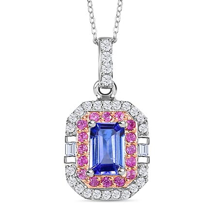 Rare Find - Premium Tanzanite with White Zircon & Pink Sapphire Halo Pendant with Chain (Size 20) in 18K Verneil Rose Gold Plated & Platinum Overlay Sterling Silver 1.03 Ct. Rare Find - Premium Tanzanite with White Zircon & Pink Sapphire Halo Pendant with Chain (Size 20) in 18K Verneil Rose Gold Plated & Platinum Overlay Sterling Silver 1.03 Ct.