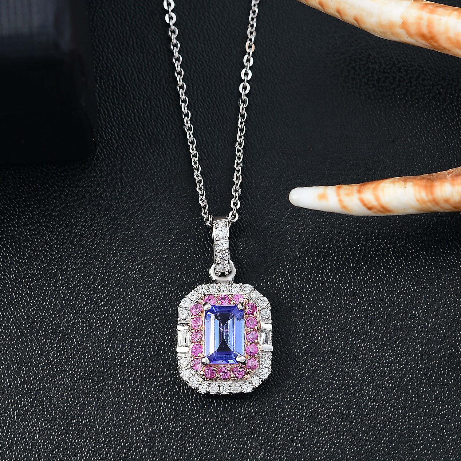 Rare Find - Premium Tanzanite with White Zircon & Pink Sapphire Halo Pendant with Chain (Size 20) in 18K Verneil Rose Gold Plated & Platinum Overlay Sterling Silver 1.03 Ct.
