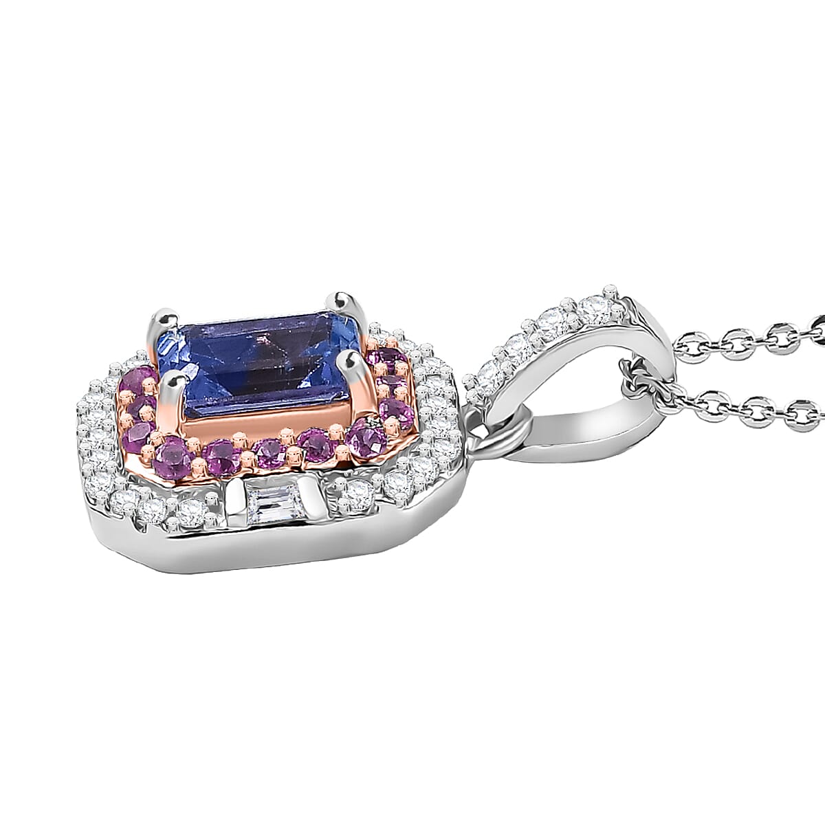 Rare Find - Premium Tanzanite with White Zircon & Pink Sapphire Halo Pendant with Chain (Size 20) in 18K Verneil Rose Gold Plated & Platinum Overlay Sterling Silver 1.03 Ct.