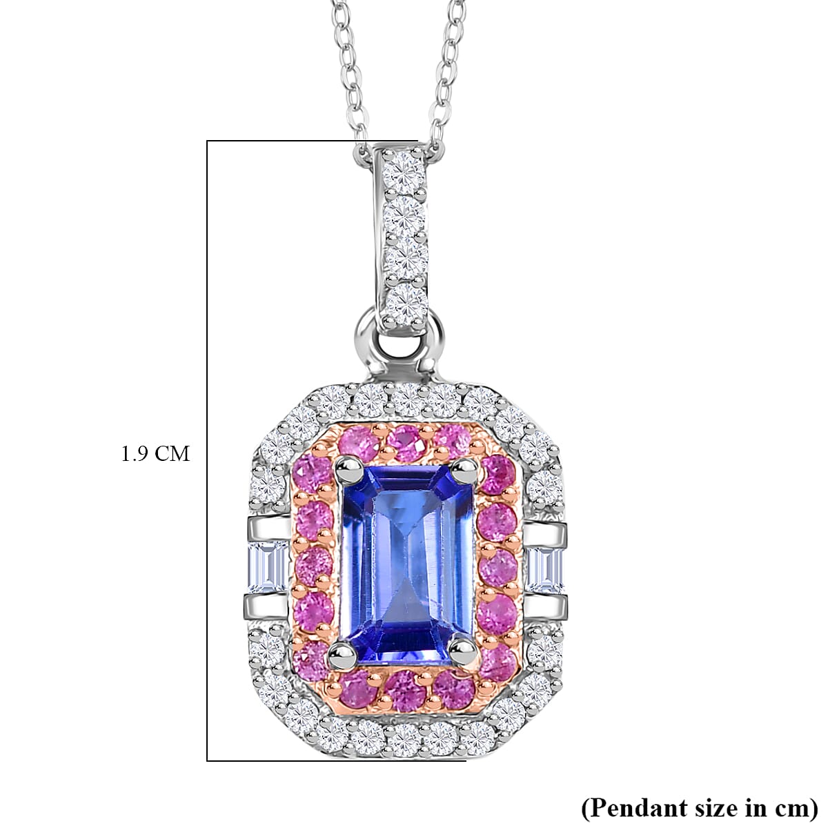 Rare Find - Premium Tanzanite with White Zircon & Pink Sapphire Halo Pendant with Chain (Size 20) in 18K Verneil Rose Gold Plated & Platinum Overlay Sterling Silver 1.03 Ct.