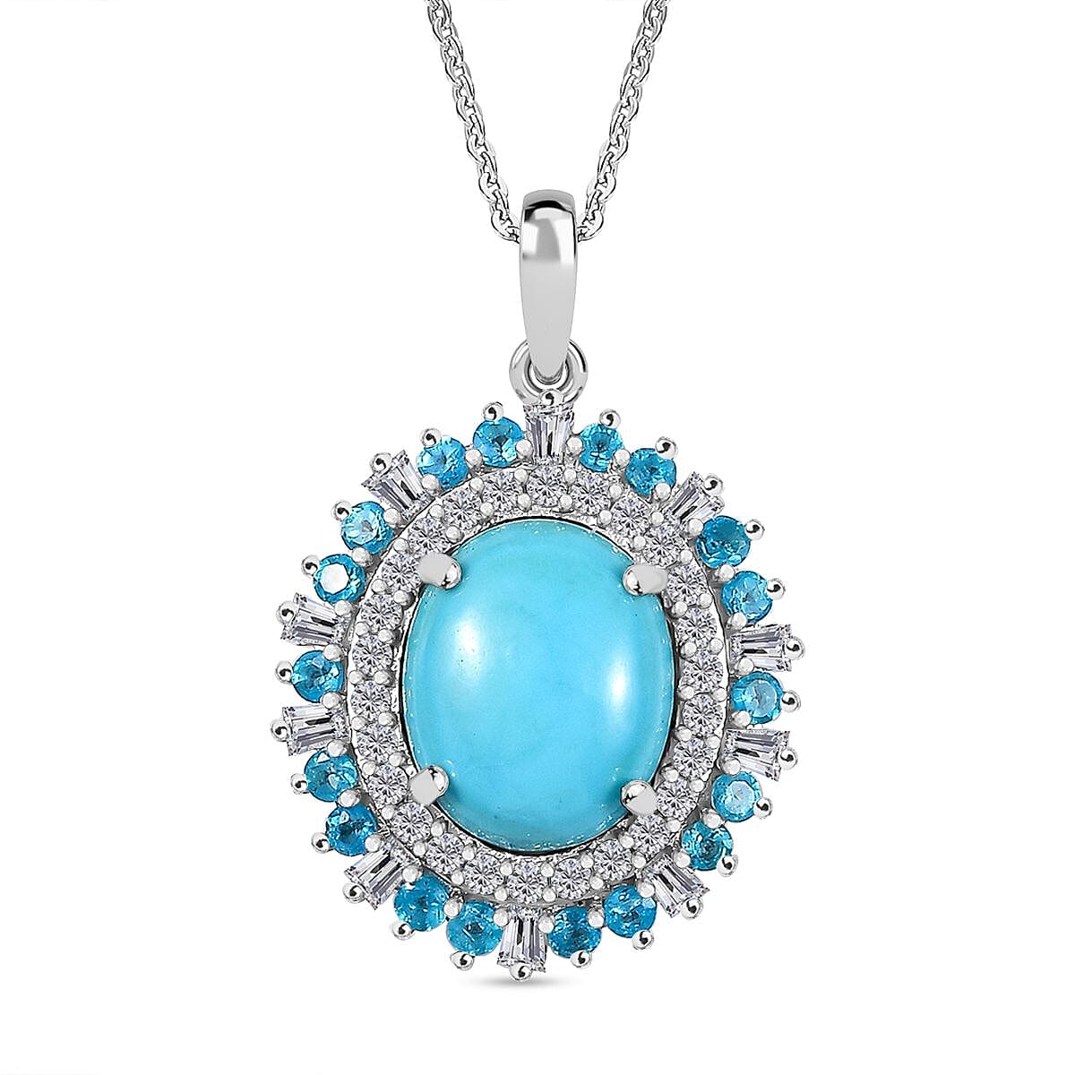 Sleeping Beauty Turquoise, White Zircon & Neon Apatite Pendant with Chain (Size 20) in Rhodium Overlay Sterling Silver 3.95 Ct.