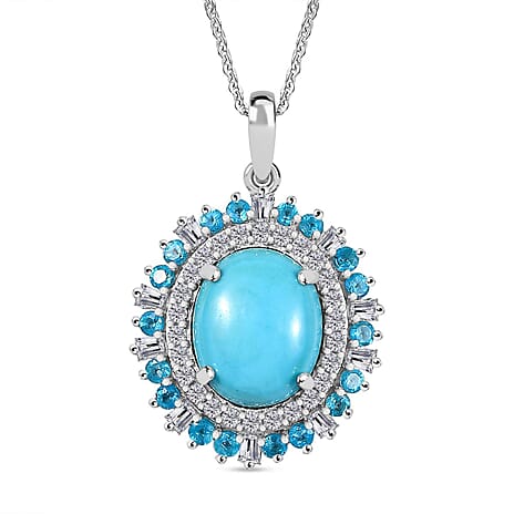 Sleeping Beauty Turquoise, White Zircon & Neon Apatite Pendant with Chain (Size 20) in Rhodium Overlay Sterling Silver 3.95 Ct.
