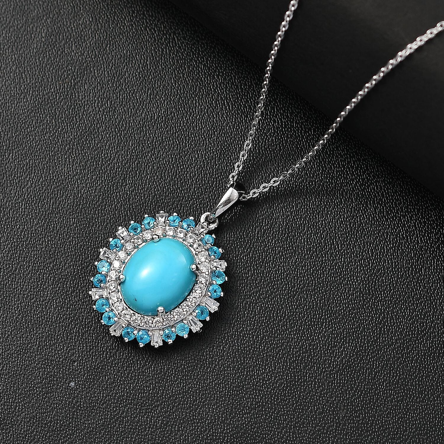 Sleeping Beauty Turquoise, White Zircon & Neon Apatite Pendant with Chain (Size 20) in Rhodium Overlay Sterling Silver 3.95 Ct.
