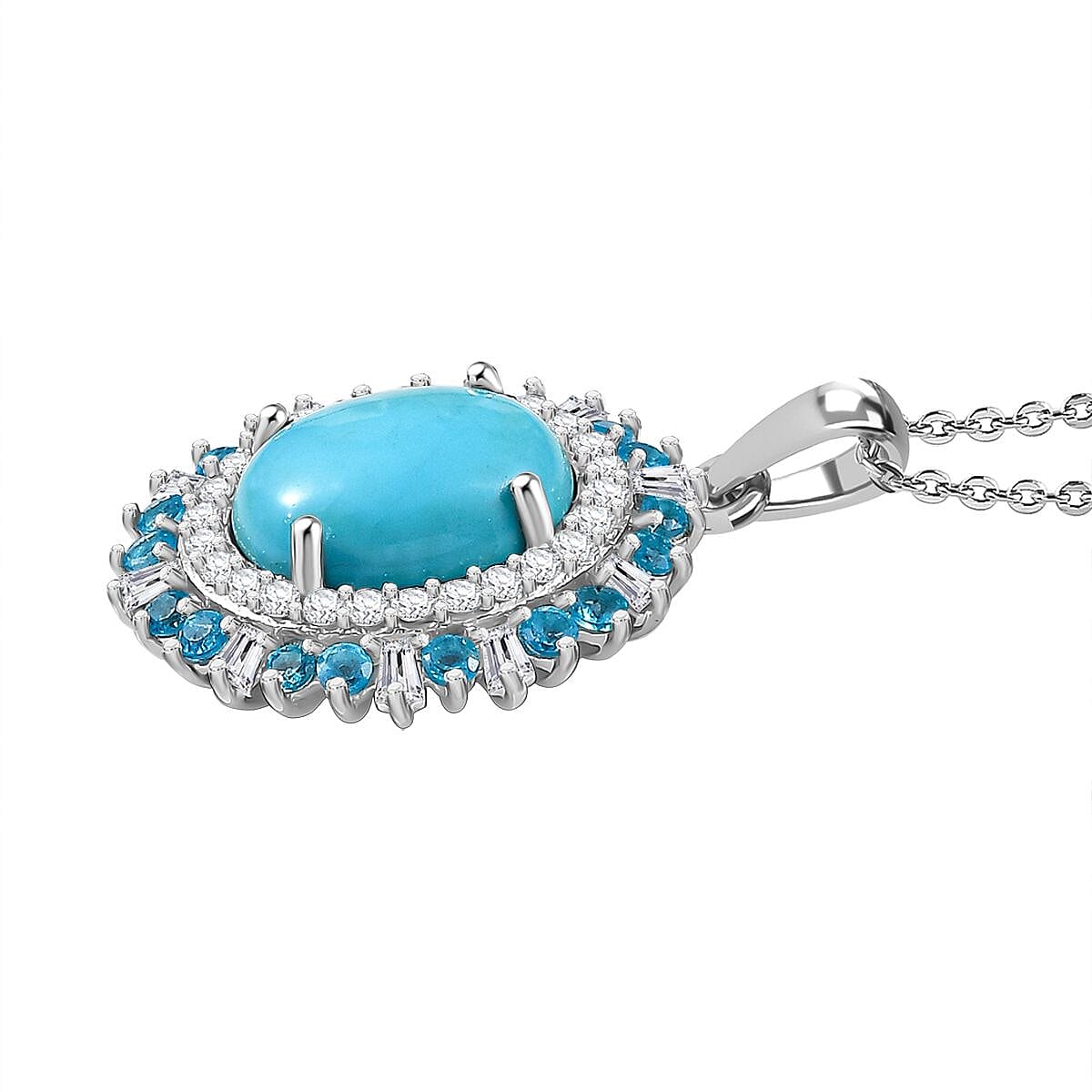 Sleeping Beauty Turquoise, White Zircon & Neon Apatite Pendant with Chain (Size 20) in Rhodium Overlay Sterling Silver 3.95 Ct.