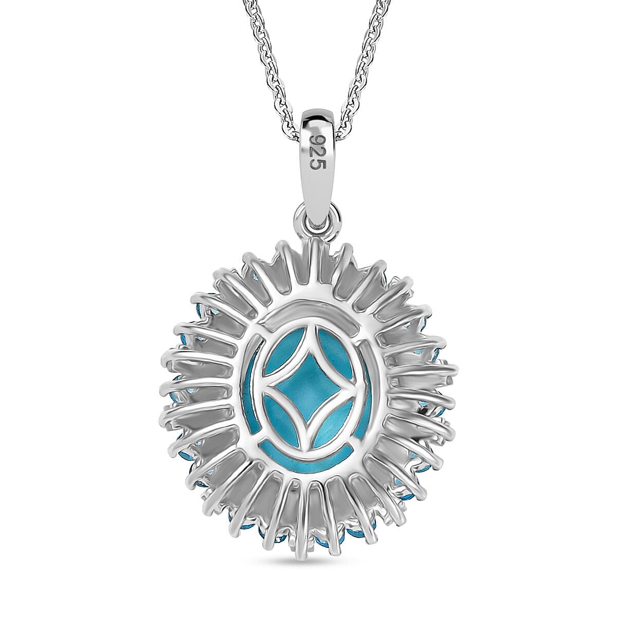 Sleeping Beauty Turquoise, White Zircon & Neon Apatite Pendant with Chain (Size 20) in Rhodium Overlay Sterling Silver 3.95 Ct.