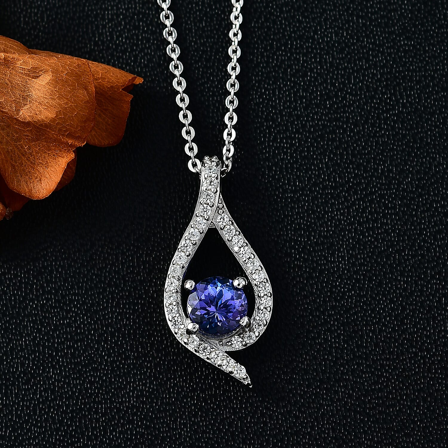 Tanzanite & White Zircon Pendant with Chain (Size 20) in Rhodium Overlay Sterling Silver 1.00 Ct.